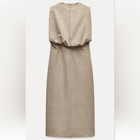 Zara ZW Collection  Elegant Tan Sleeveless Pleated Wool Blend Midi Dress Sz-XL - Picture 4 of 11